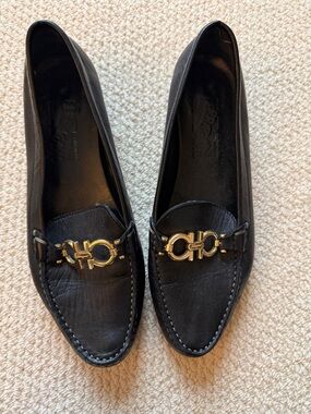 Salvatore Ferragamo Black Leather Loafers with Gold Gancini Hardware